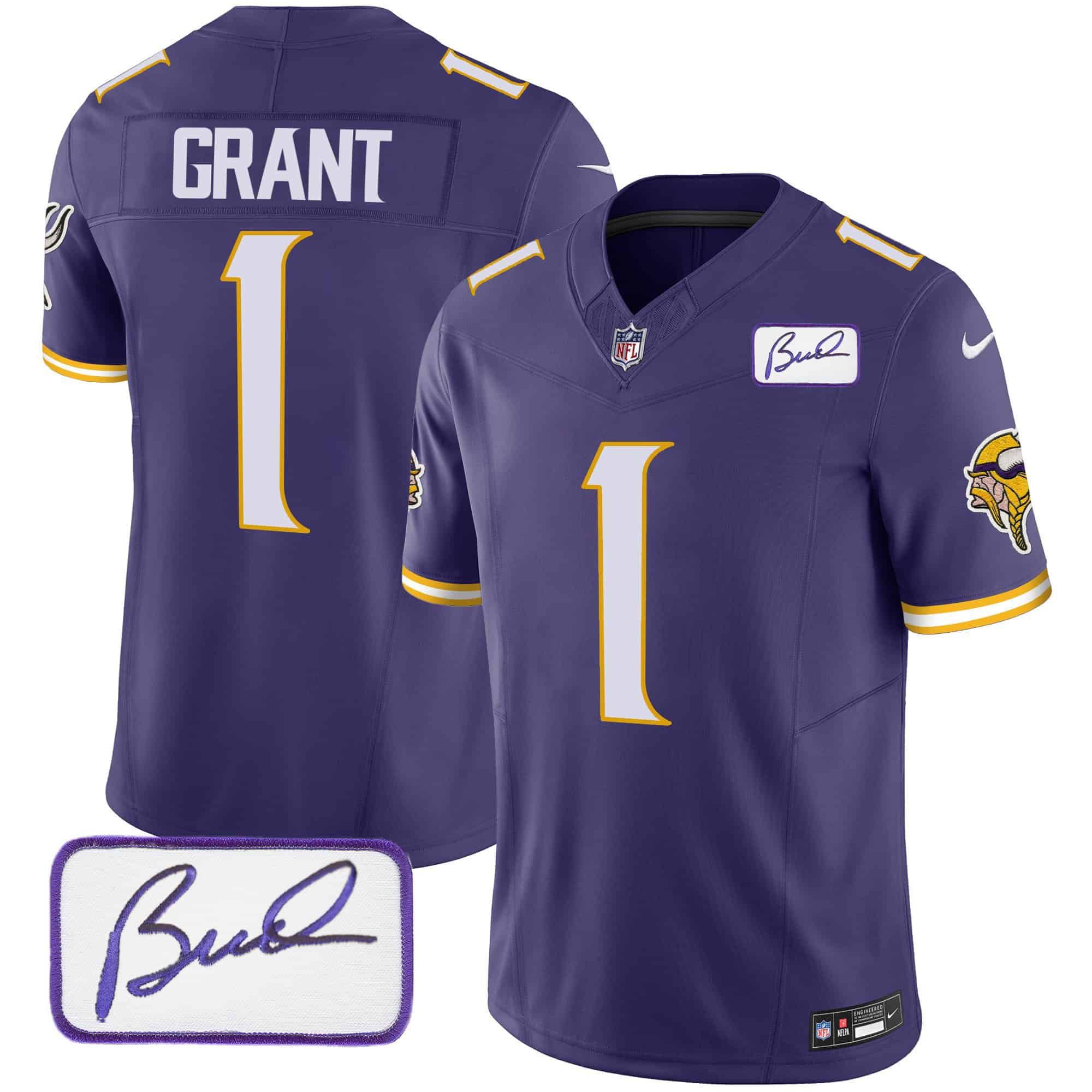 Men Minnesota Vikings 1 Grant Purple 2024 Nike Bud Grant Patch Classic Limited NFL Jersey style 3